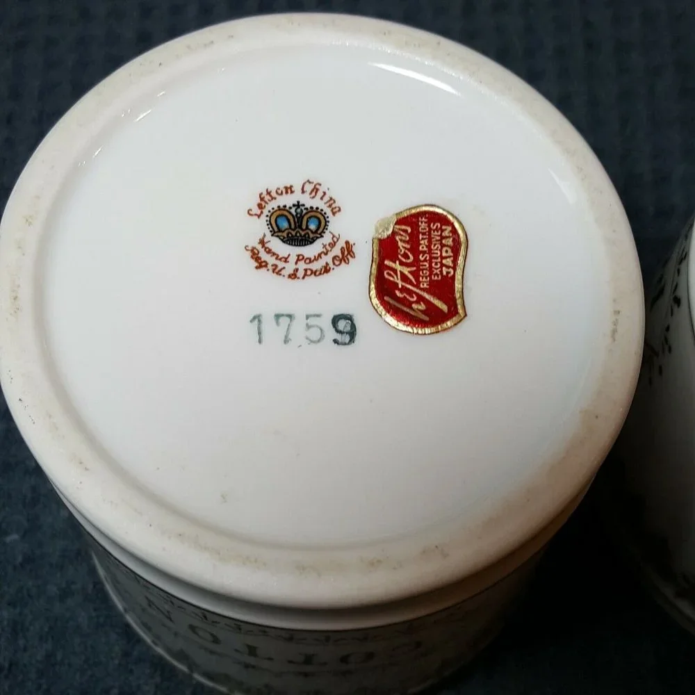 Vtg Lefton China Handpainted Cotton & Powder Holders Gold Embellishments No Lids